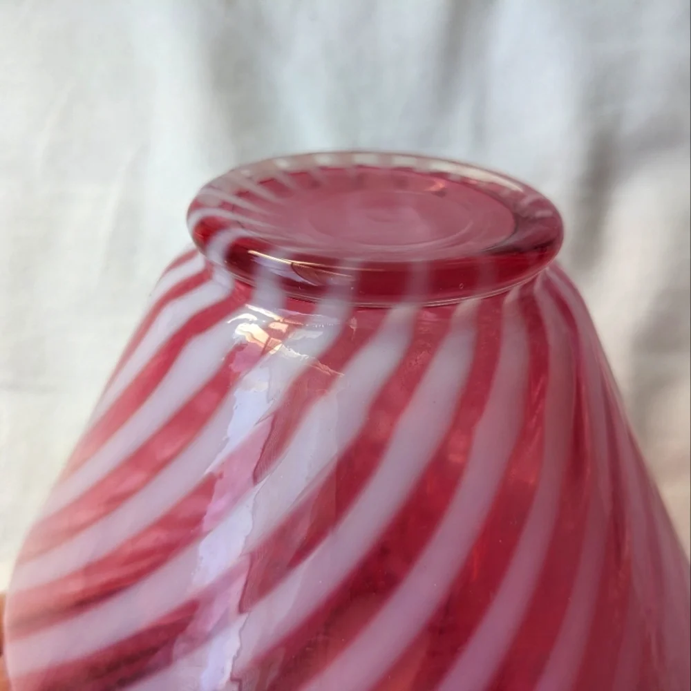 Vintage Cranberry Pink White Candy Cane Handblown Glass Vase Ripple Lip